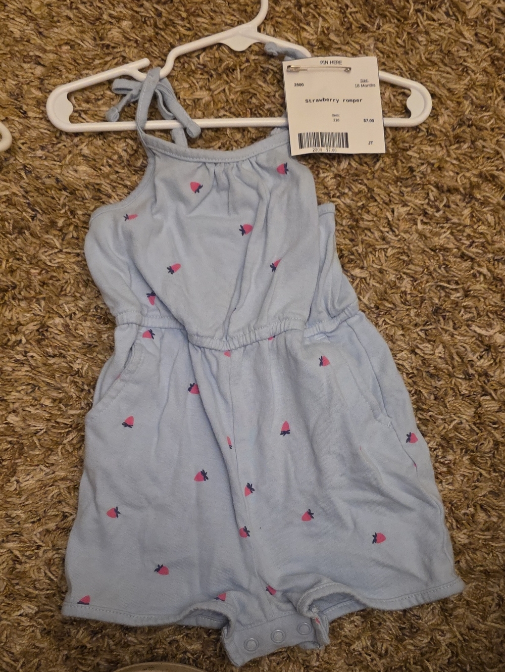 Girls' Light Blue Strawberry Romper - Pink Strawberry Print